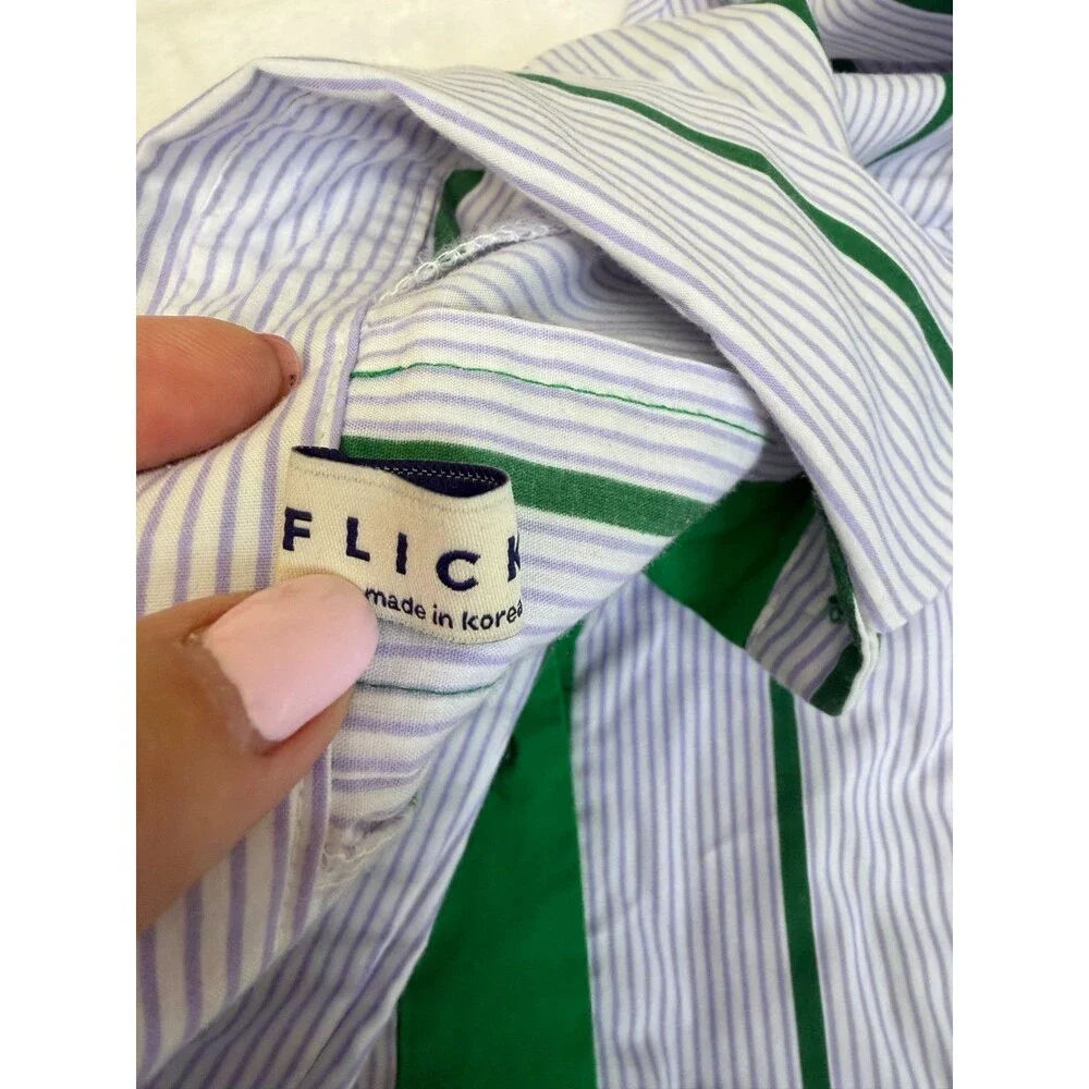 FLICKA Korea Stripe Shirt Dress Green Lavender White Balloon Sleeve Oversized OS